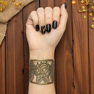 🆕️Vintage‎ Style Trendy Boho Chic Floral Wide Cuff Bracelet Antique Gold Finish